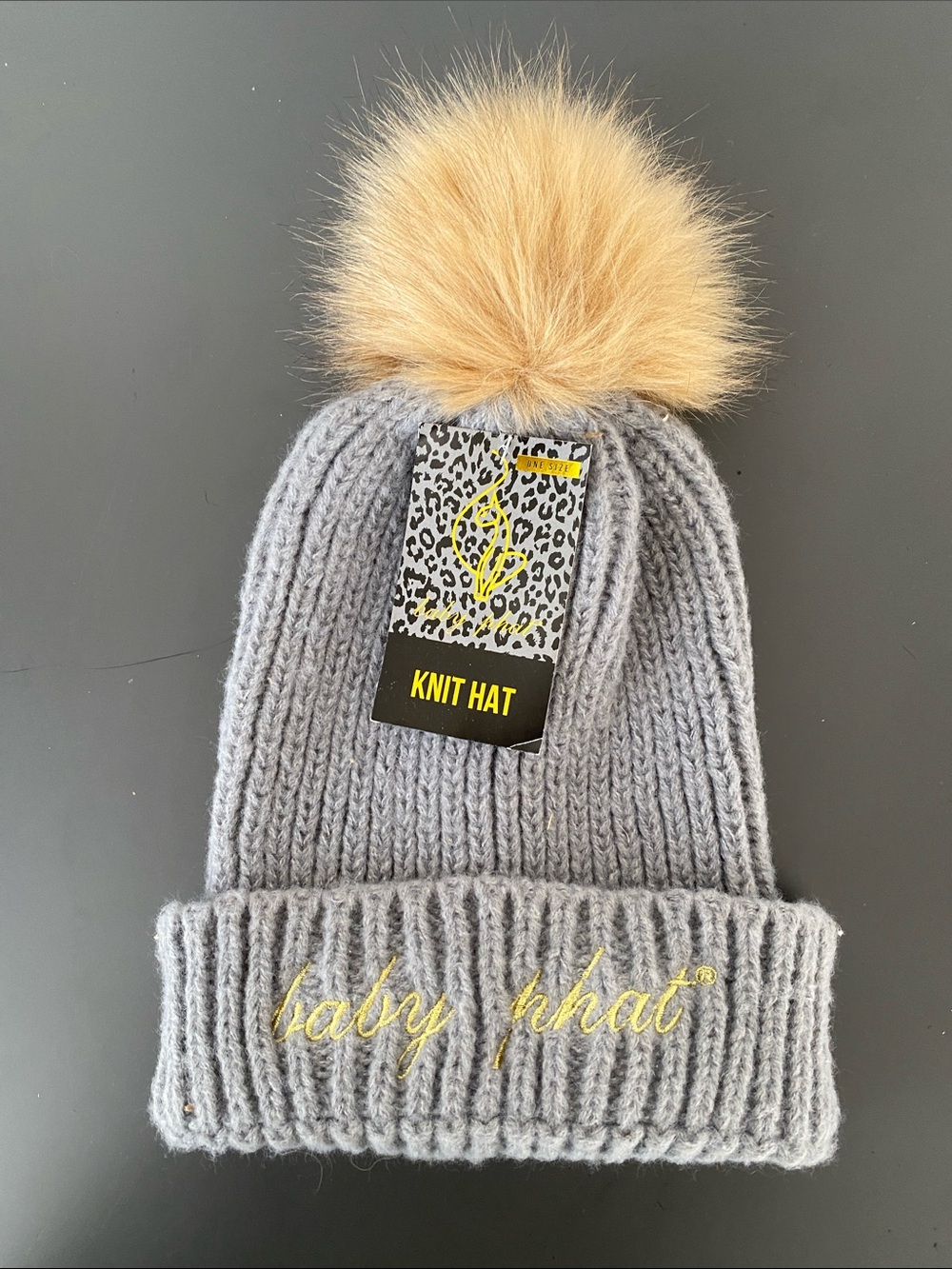 NEW Baby Phat Gray Knit Beanie Tan Faux Fur Pom OS Gold Logo Embroidered Y2K